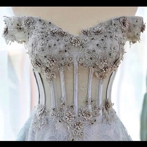 Grey sequin lace flower A-line Bridal dress